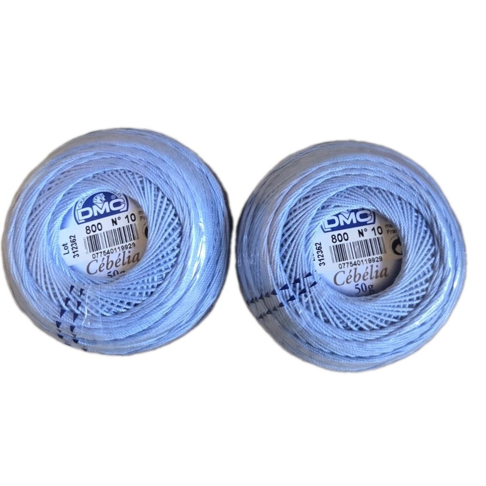 DMC CEBELIA COTTON 50G SIZE 10 Lot 2 Crochet 3 Cord #800 Light Blue New NOS